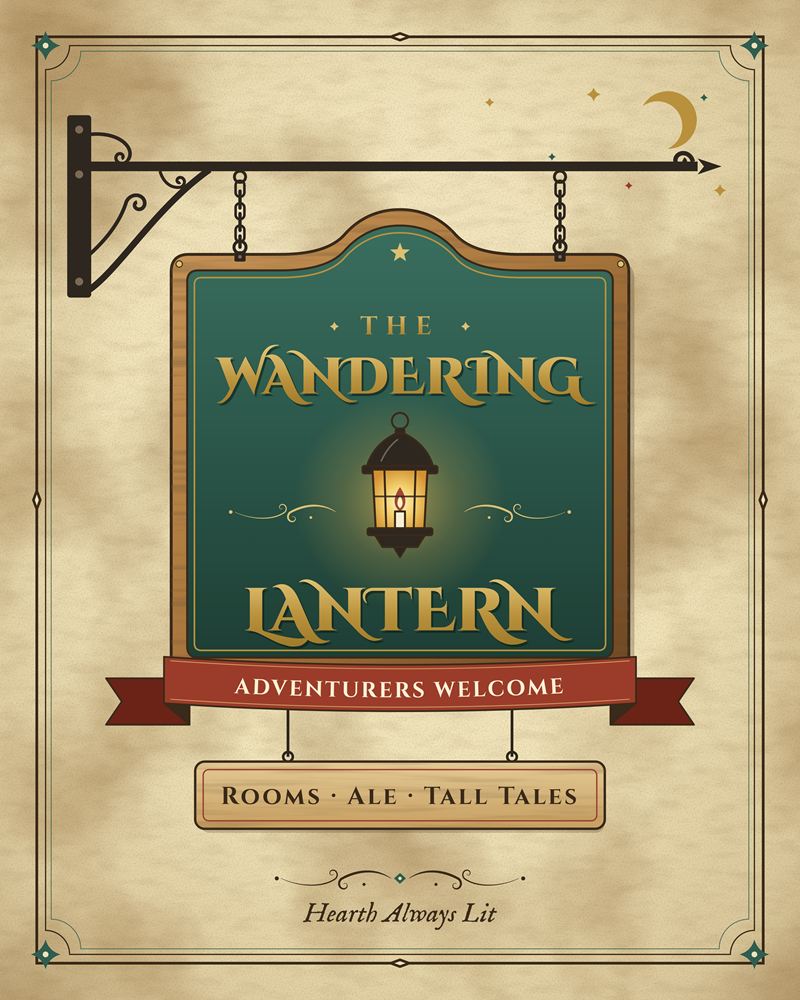 Full design of the tavern sign: a teal hanging sign reading The Wandering Lantern with a lantern and a red ribbon