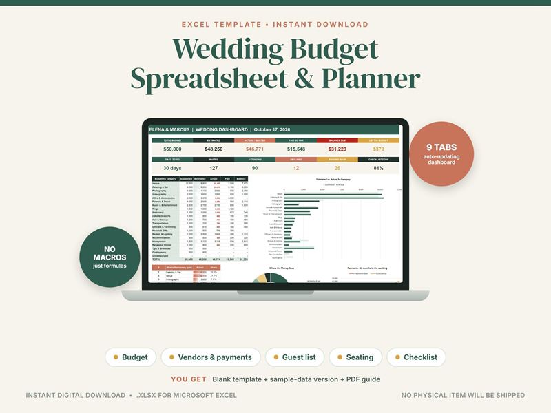 Cover of a wedding budget spreadsheet and planner: a laptop showing the wedding budget dashboard