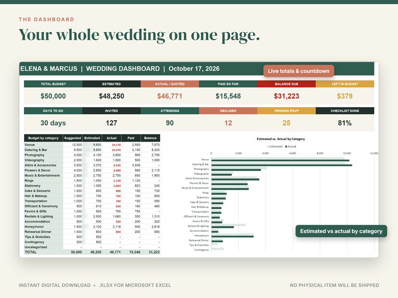 Wedding dashboard for a sample couple: budget, amounts paid and due, days to go, RSVP counts and checklist progress