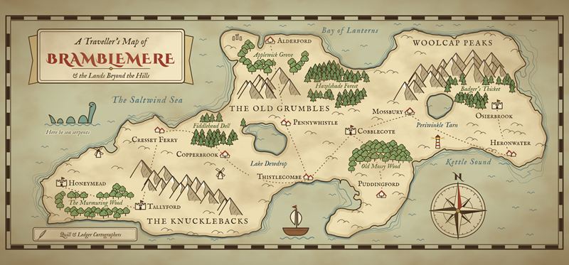 Full wraparound design of the map mug: the island of Bramblemere with forests, snowy peaks, villages and a compass rose